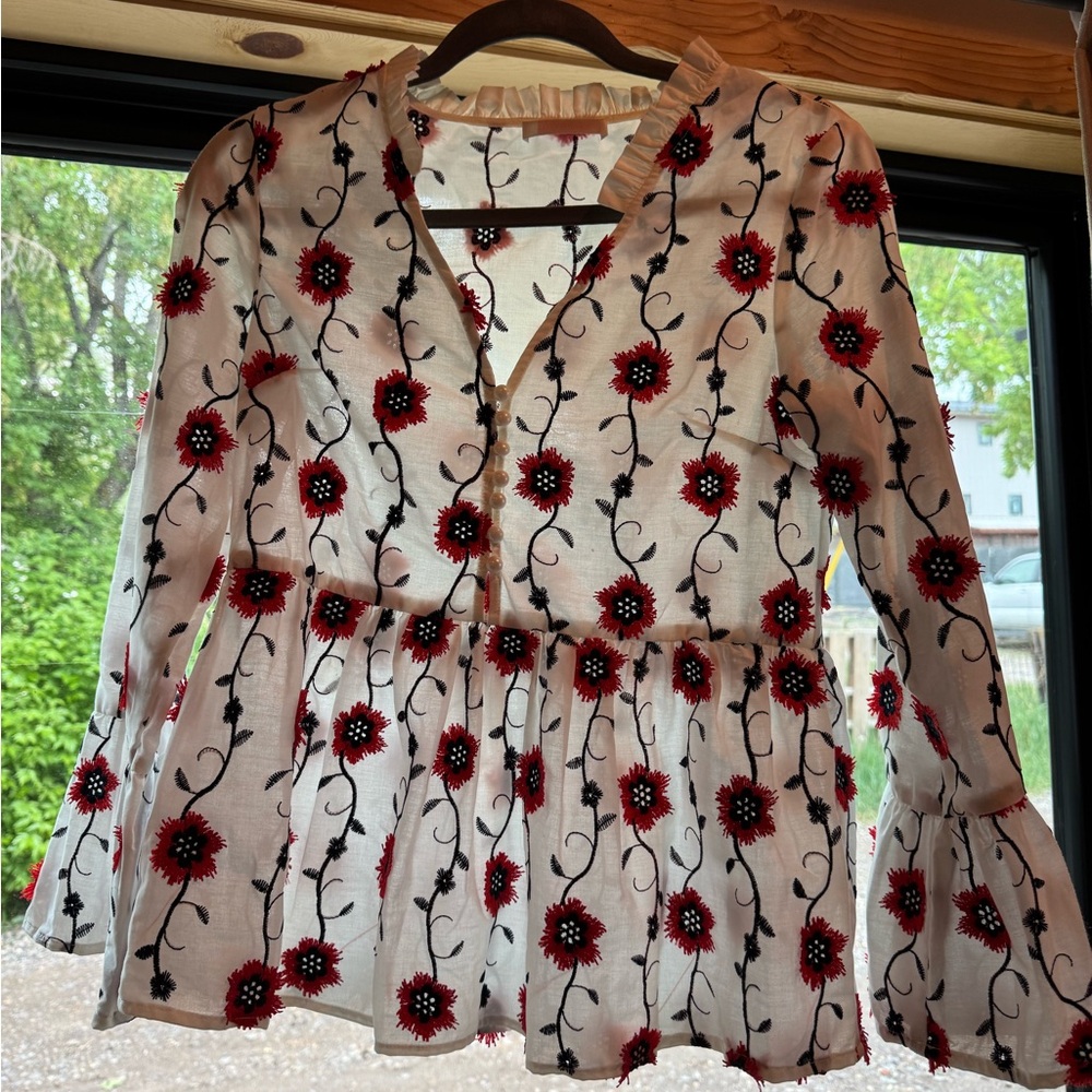 Floral Embroidered Women's Top - Red and Black